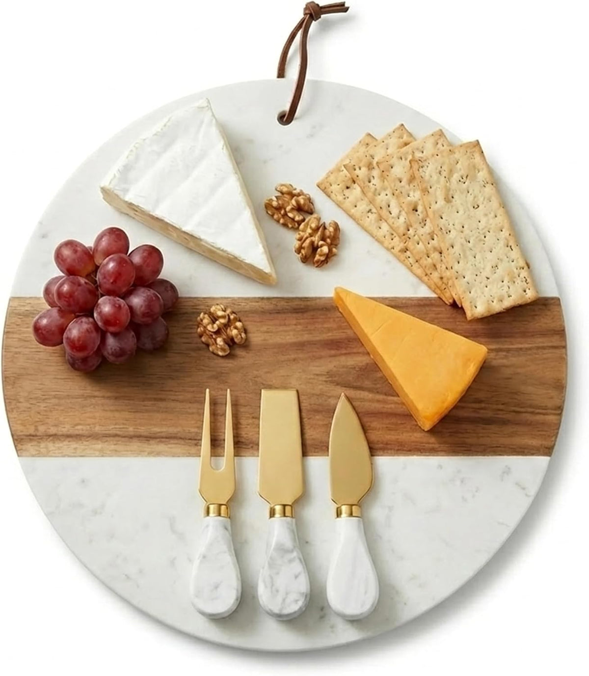 Marble Charcuterie Board Gift Set - 12" Round Cheese Board with 3 Gold Stainless Steel Knives, Leather Strap & Gift