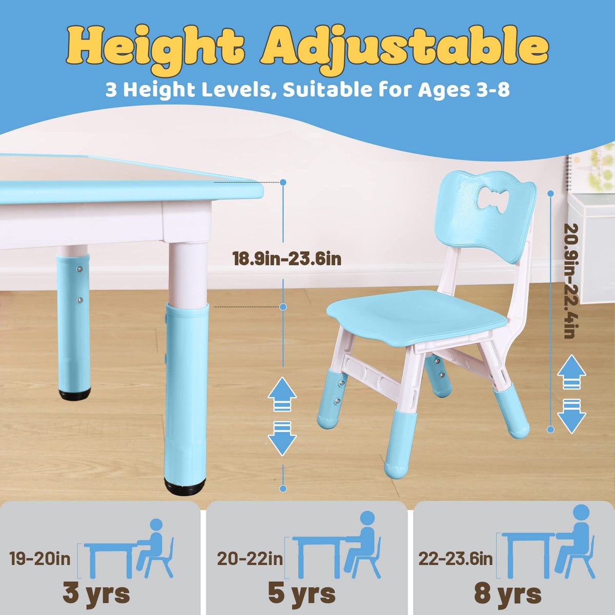 Kids Table and 2 Chairs Set, Height Adjustable Toddler Table and Chair Set for Ages 3-8, Easy to Wipe Arts & Crafts