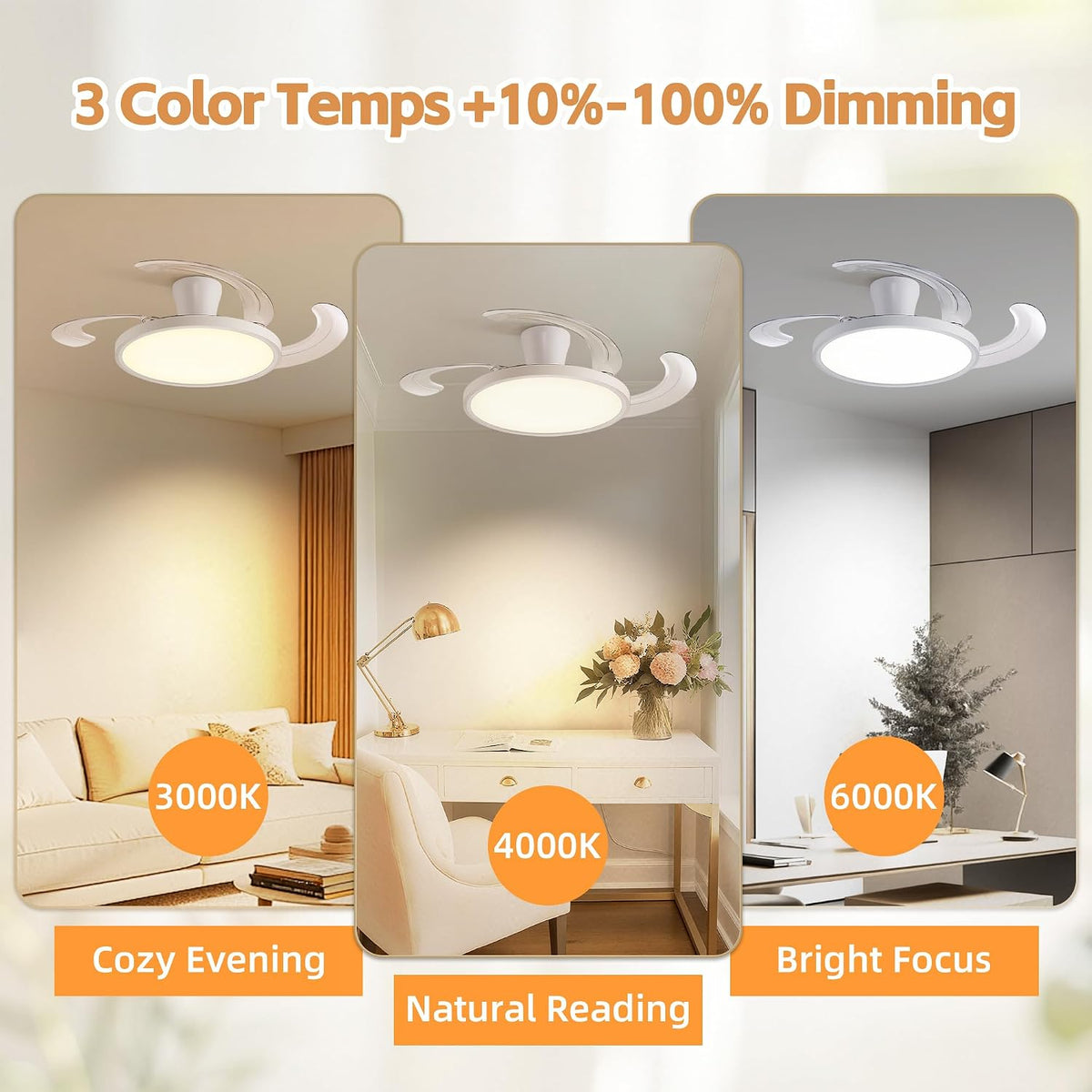 48 inch White Slim Retractable Ceiling Fan with Light and Remote