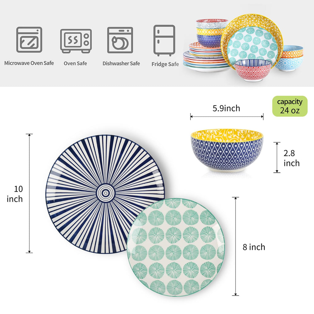 Ceramic Dinnerware Sets for 6, 18 Pieces Plates and Bowls Set, Scratch Resistant Dishes Set, Dishwasher&Microwave