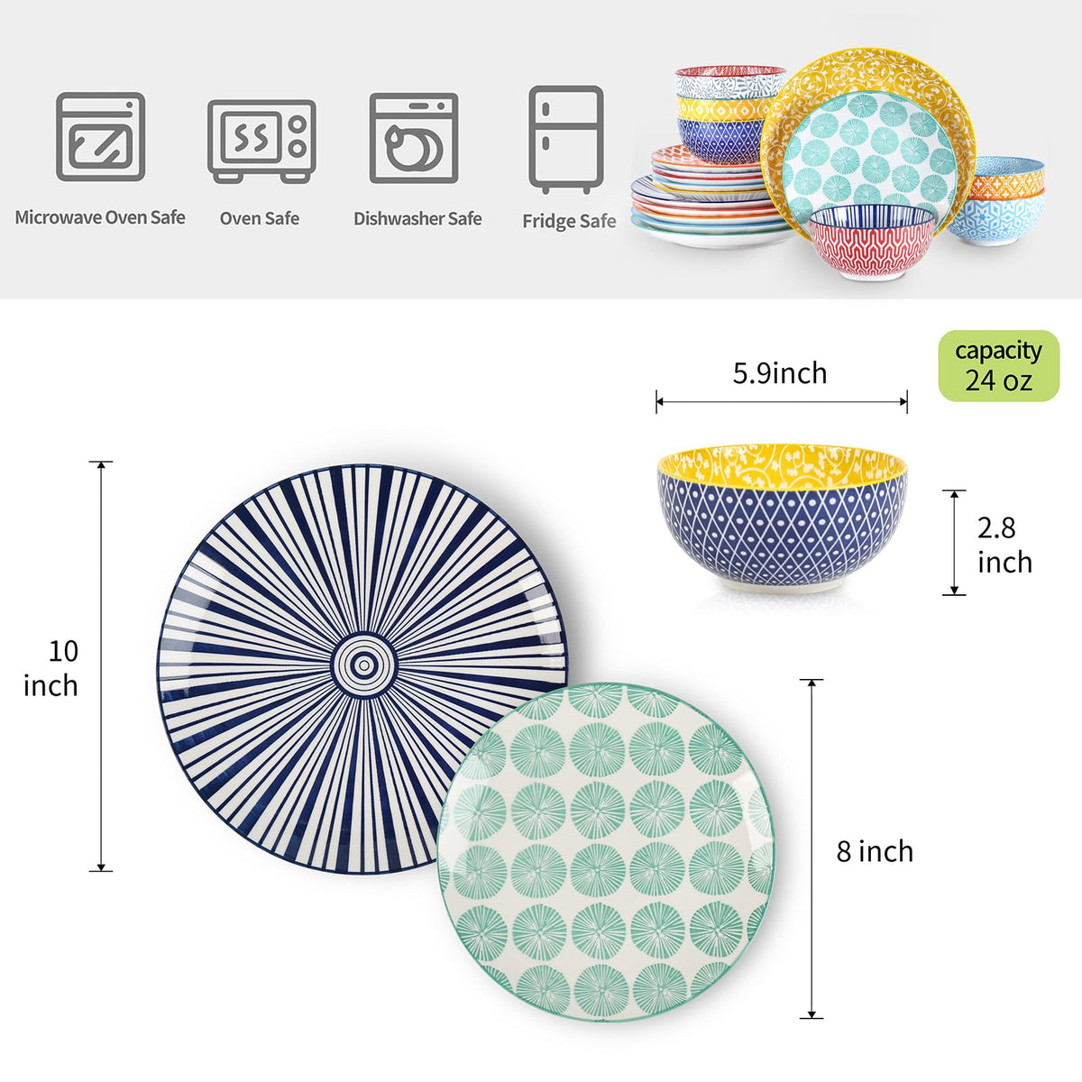 Ceramic Dinnerware Sets for 6, 18 Pieces Plates and Bowls Set, Scratch Resistant Dishes Set, Dishwasher&Microwave