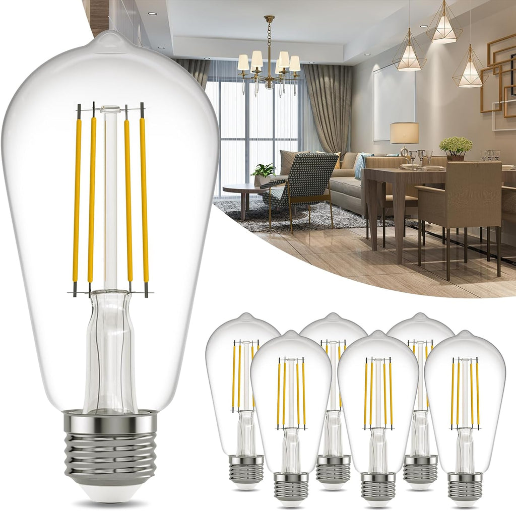 E26 LED Edison Bulbs: 6-Pack 8W Equivalent 80W Dimmable LED Bulbs - Vintage ST58 5000k Daylight White - 800 Lumens