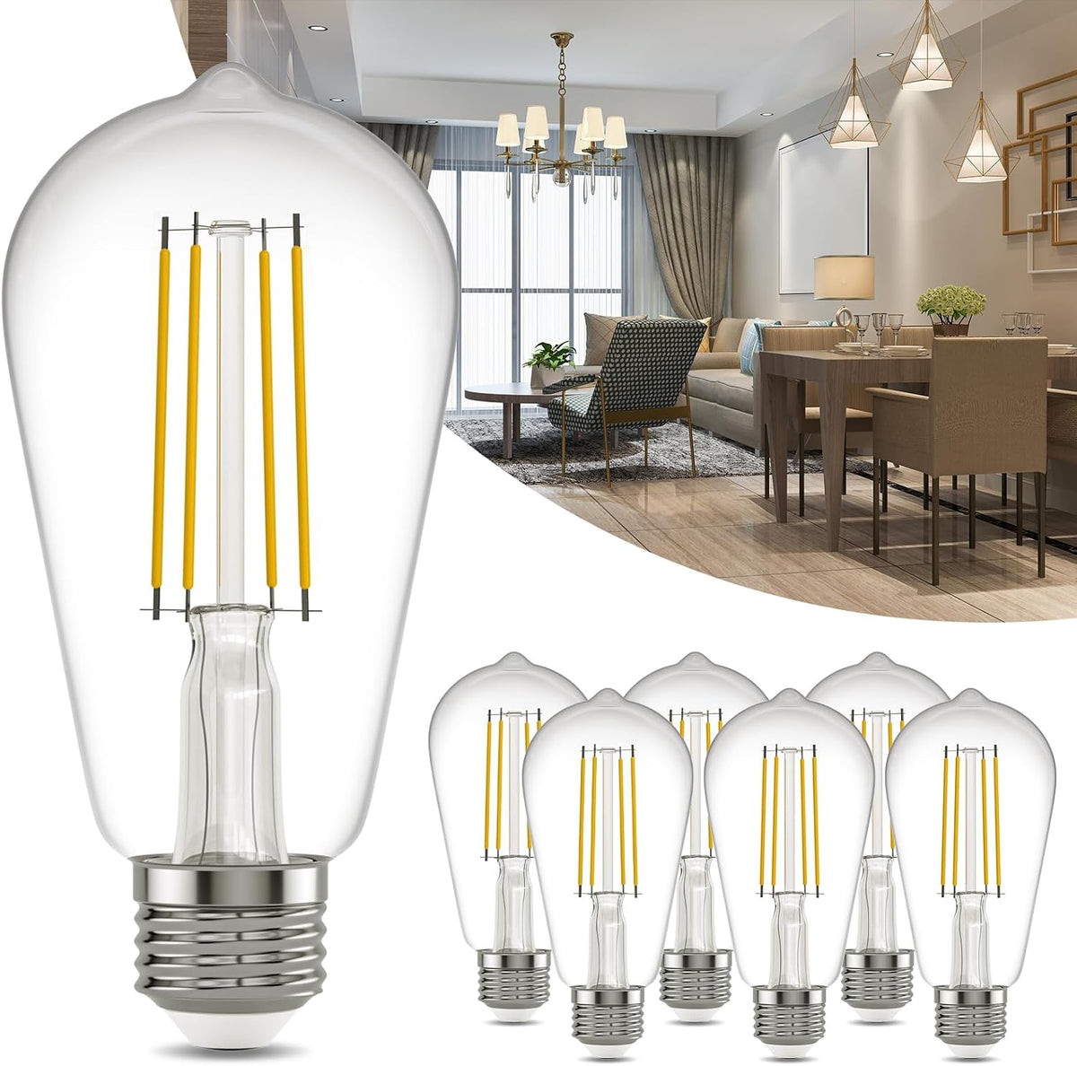E26 LED Edison Bulbs: 6-Pack 8W Equivalent 80W Dimmable LED Bulbs - Vintage ST58 5000k Daylight White - 800 Lumens