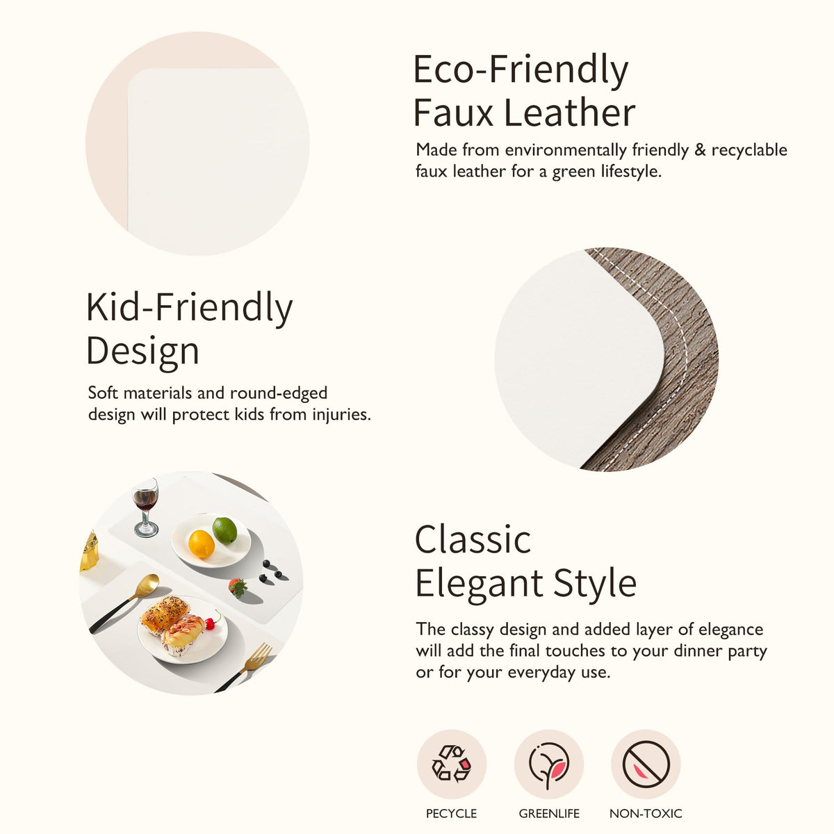 Faux Leather Placemats Set of 4, Easy to Clean, Ivory White