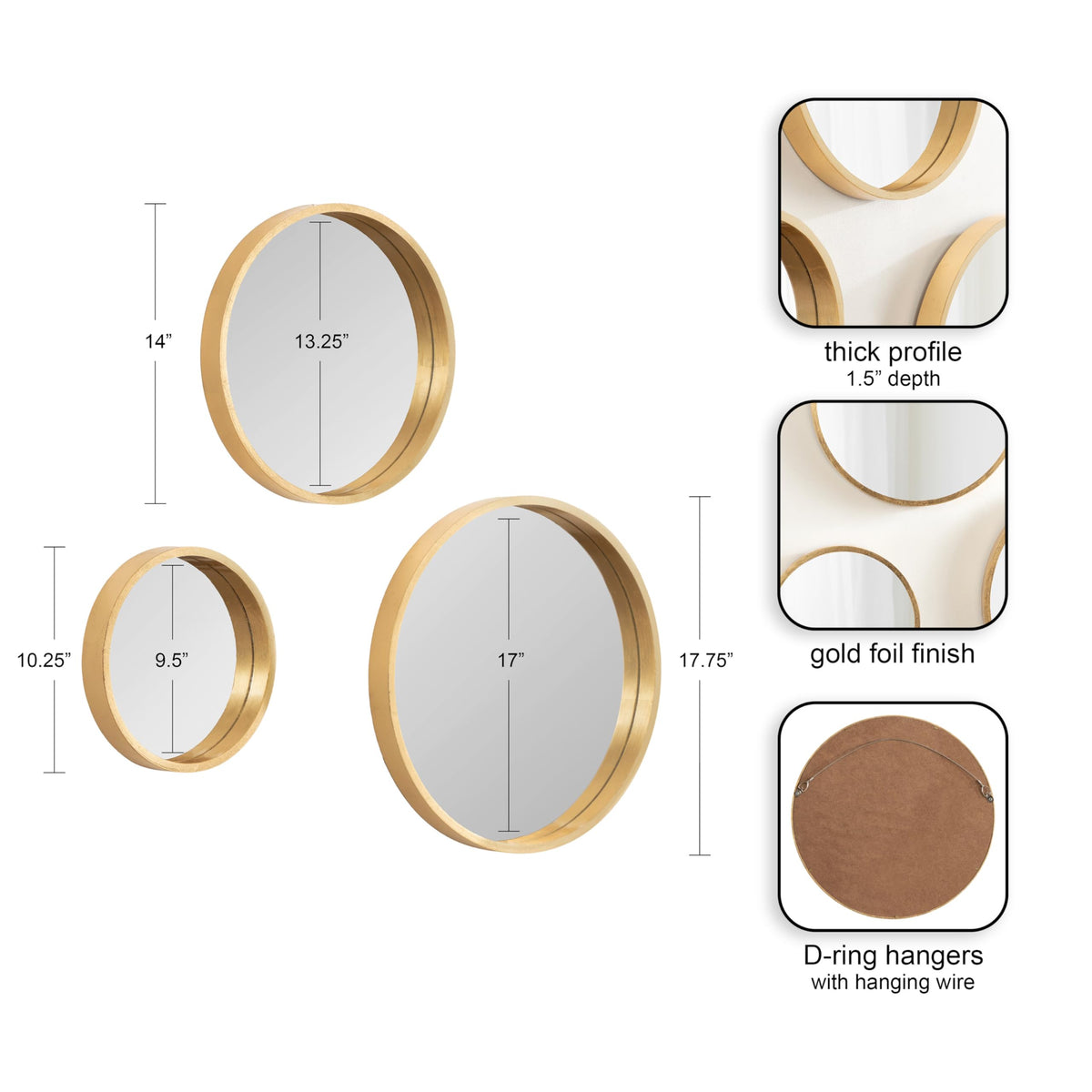 Travis Modern Round Wall Mirror Set; Set of 3; Varying Sizes; Gold; Decorative Three-Piece Circle Mirror Set for Use