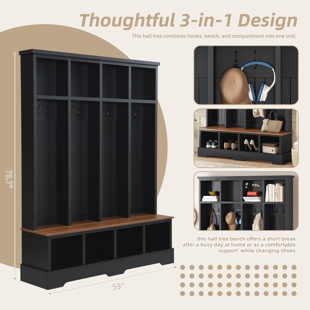 Farmhouse Hall Tree with Bench and Shoe Storage, 59" Entryway Bench with Coat Rack, 3-in-1 Hall Tree with Top
