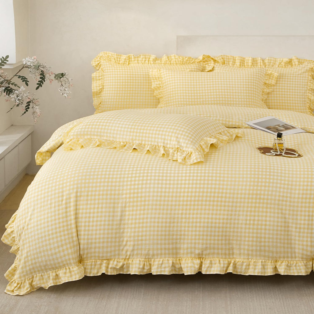 3 Pieces Yellow Plaid Gingham Ruffle Duvet Cover Set
