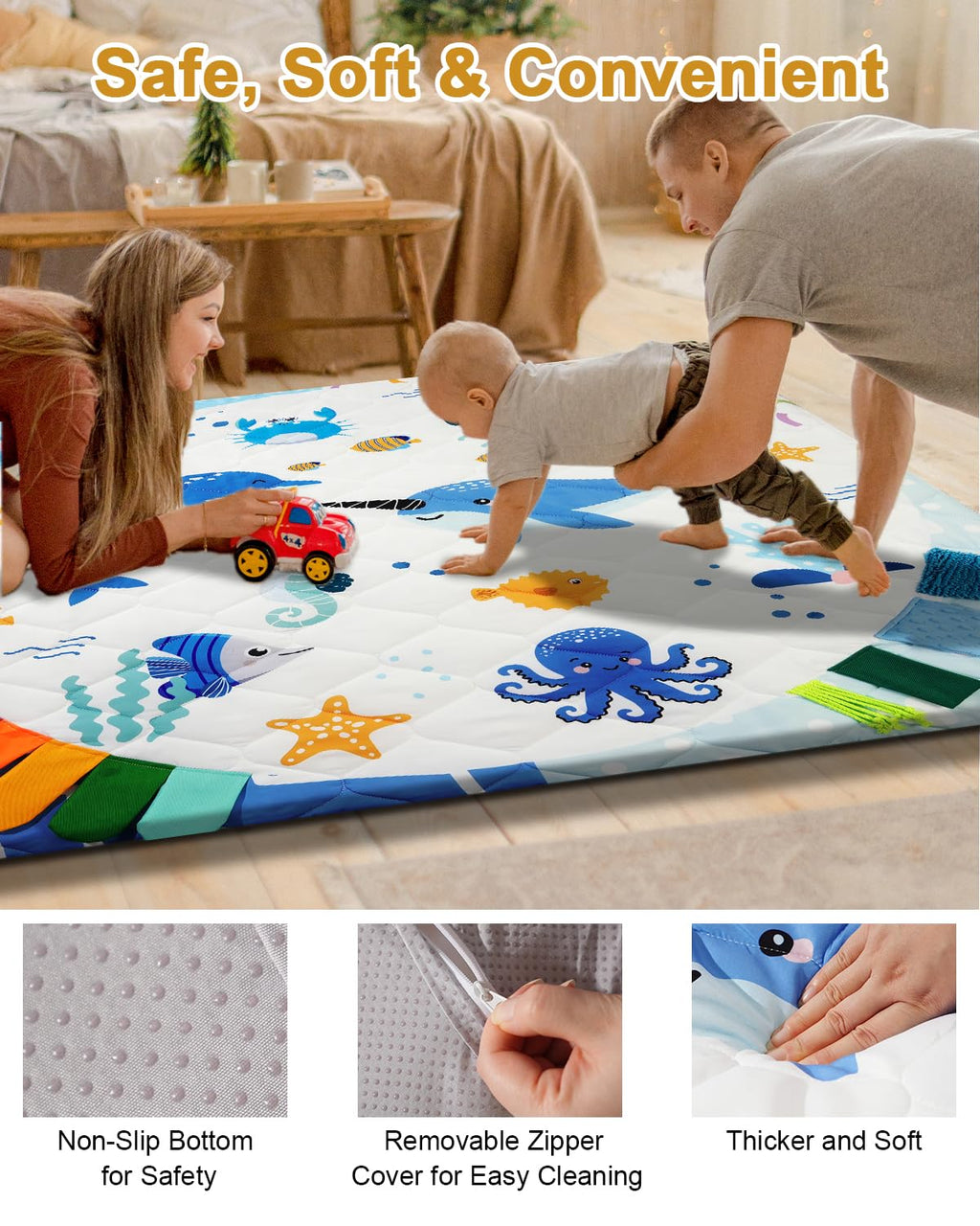 Premium Foam Baby Play Mat 50x50, 4 Developmental Zones Play Mat with Removable & Machine Washable Cover, Extra Thick
