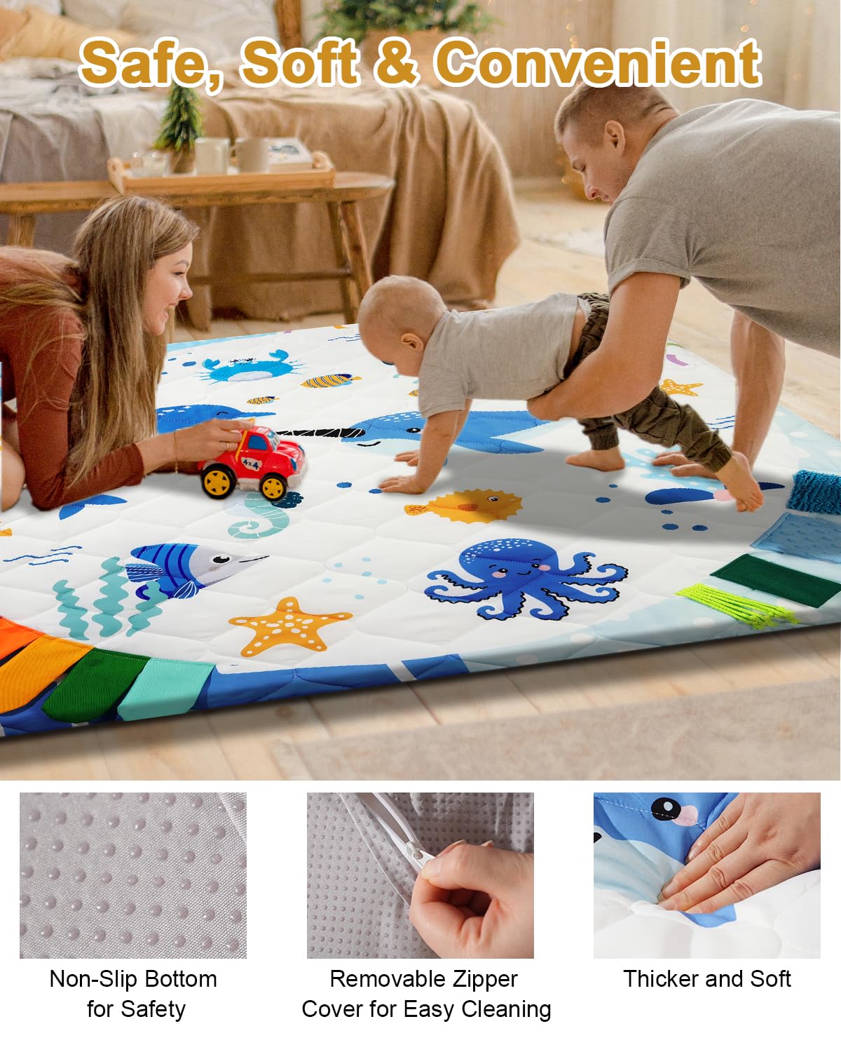 Premium Foam Baby Play Mat 50x50, 4 Developmental Zones Play Mat with Removable & Machine Washable Cover, Extra Thick