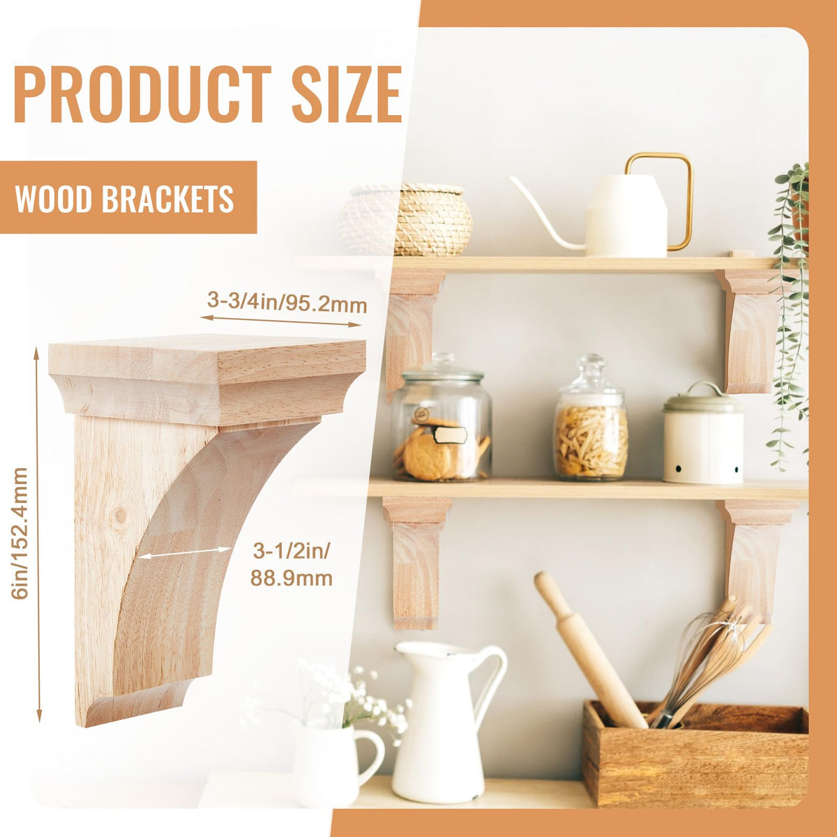 2 Pcs 3-1/2" x 3-3/4" x 6" Wood Corbels, Wooden Shelf Brackets