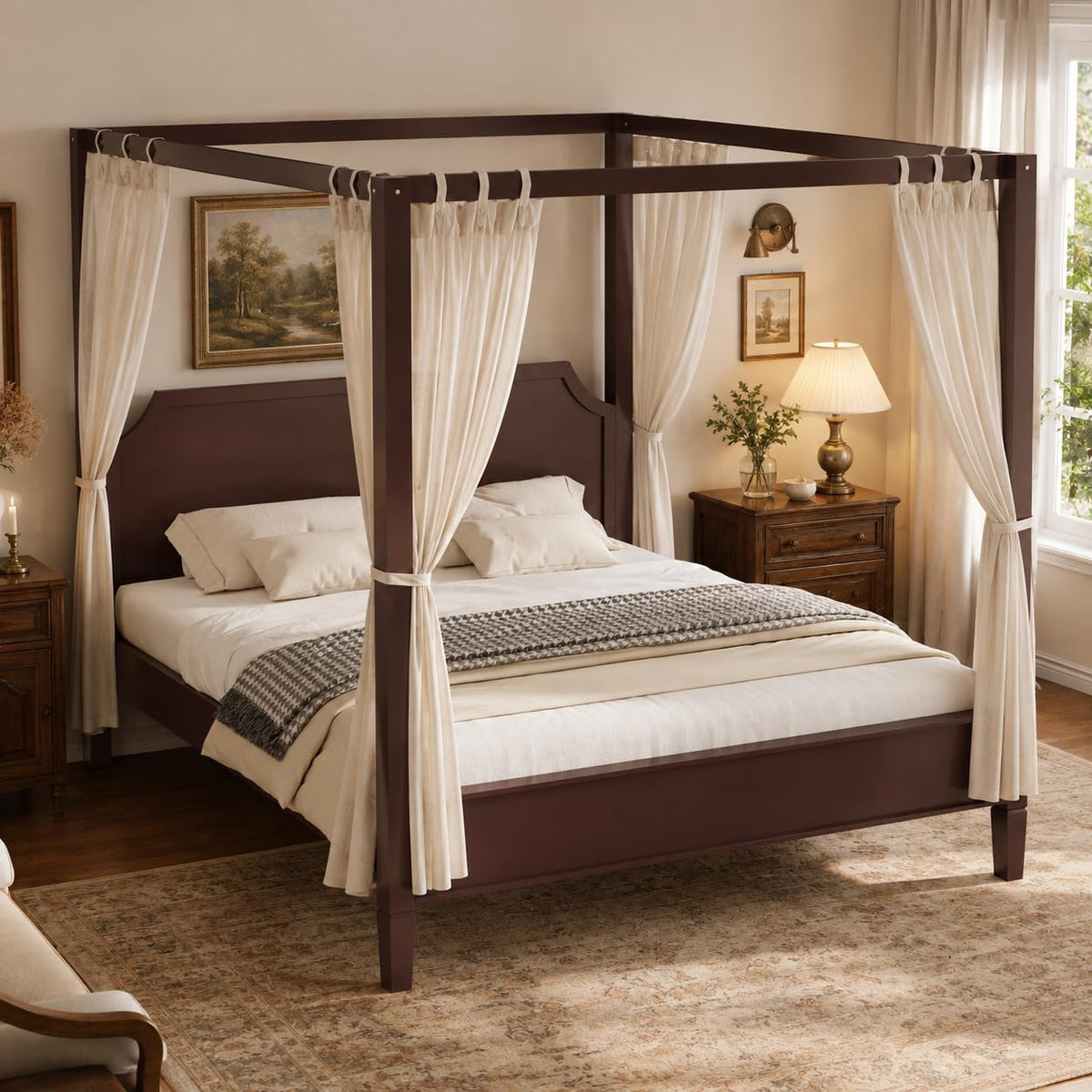 Walnut Canopy Bed Frame Solid Wood 4 Poster Canopy Bed