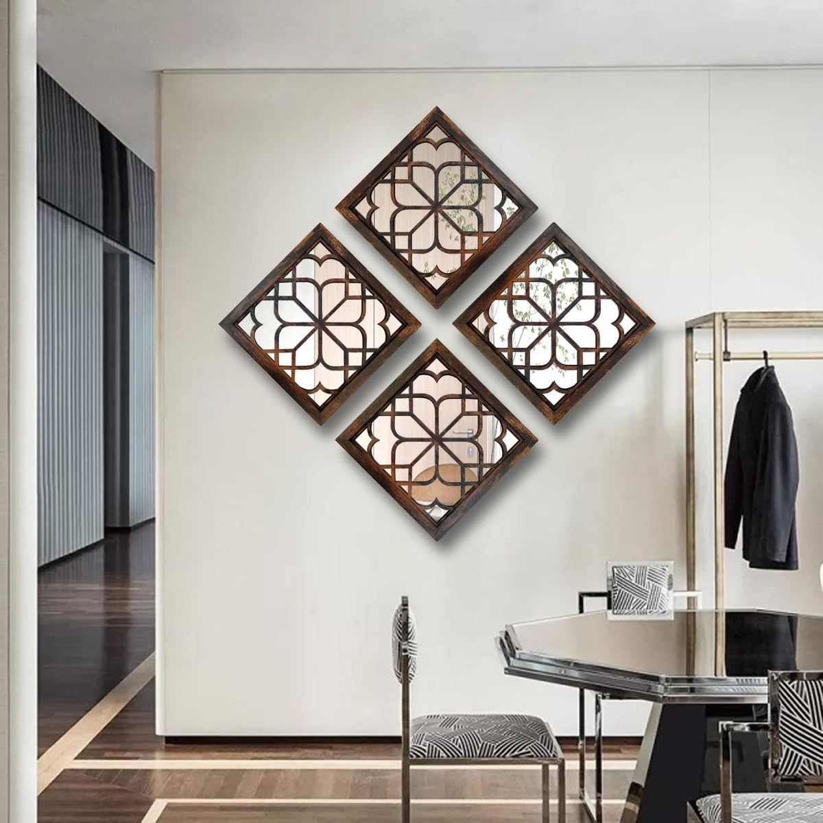 Set of 4 Mirrors Square Wall Mirror,Gorgeous Rustic Farmhouse Accent Mirror,Caramel Color Entry Mirror