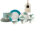 16-Piece Porcelain Dinnerware Set for 4, Elegant Floral Plates and Bowls Sets-White, Teal, Gold Ceramic Dishes, Chip