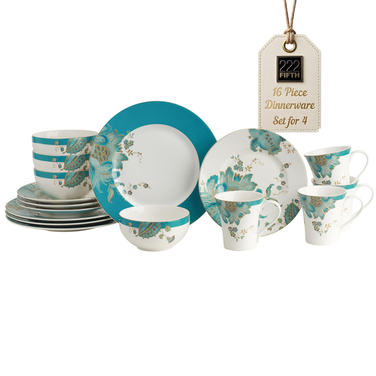 16-Piece Porcelain Dinnerware Set for 4, Elegant Floral Plates and Bowls Sets-White, Teal, Gold Ceramic Dishes, Chip
