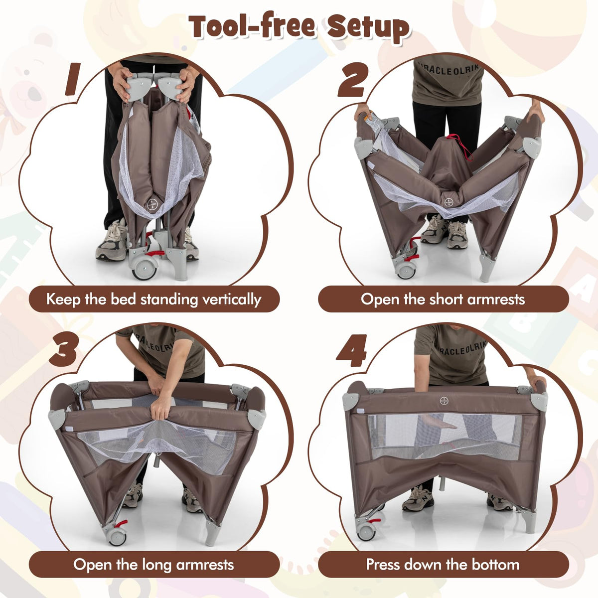 Play Yard with Bassinet, 5-in-1 Baby Bedside Sleeper w/Diaper Changing Table & Storage Bag, Toy Arch & Music Box