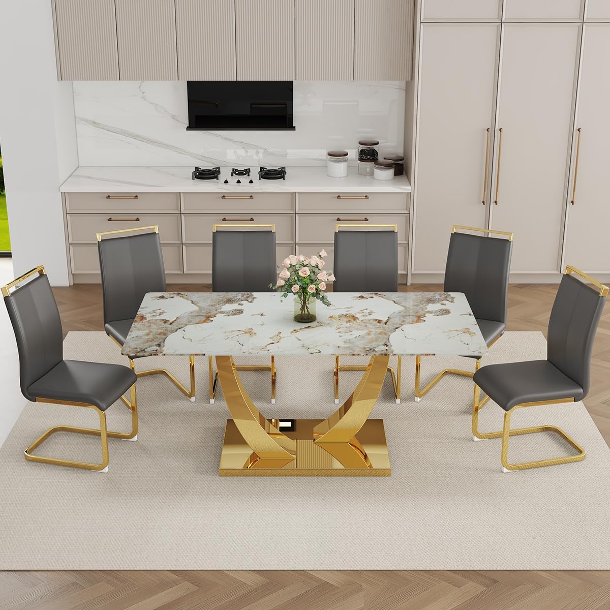 Faux Marble Dining Table Set for 6, 71" Dining Room Table Set for 6