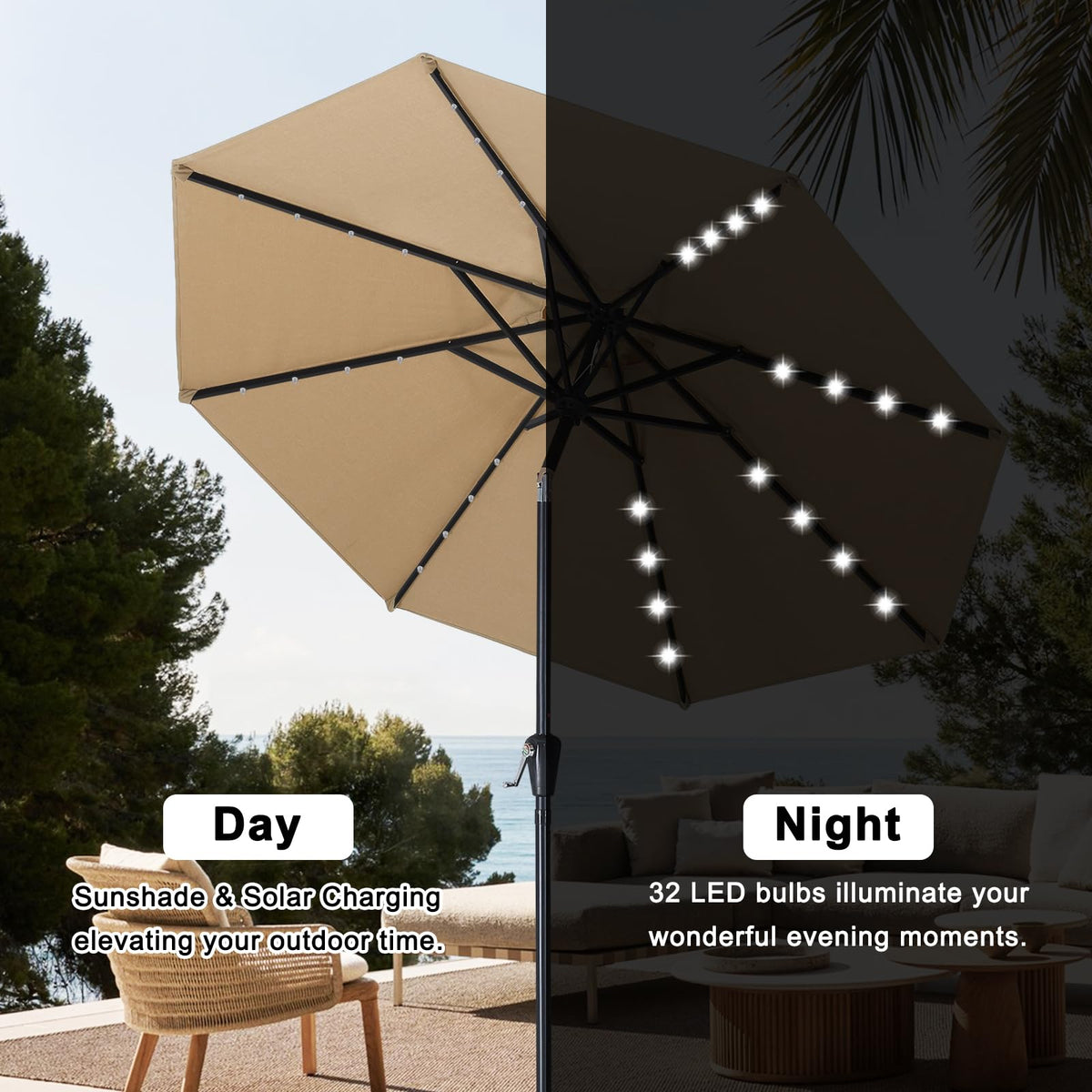 Solar Led Patio Umbrella with 32 Lights 11FT(Khaki)