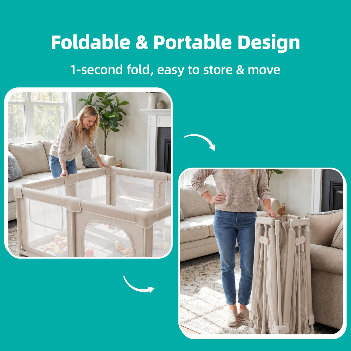 Foldable Baby Playpen with Mat, 71x59 Inches, Light Khaki