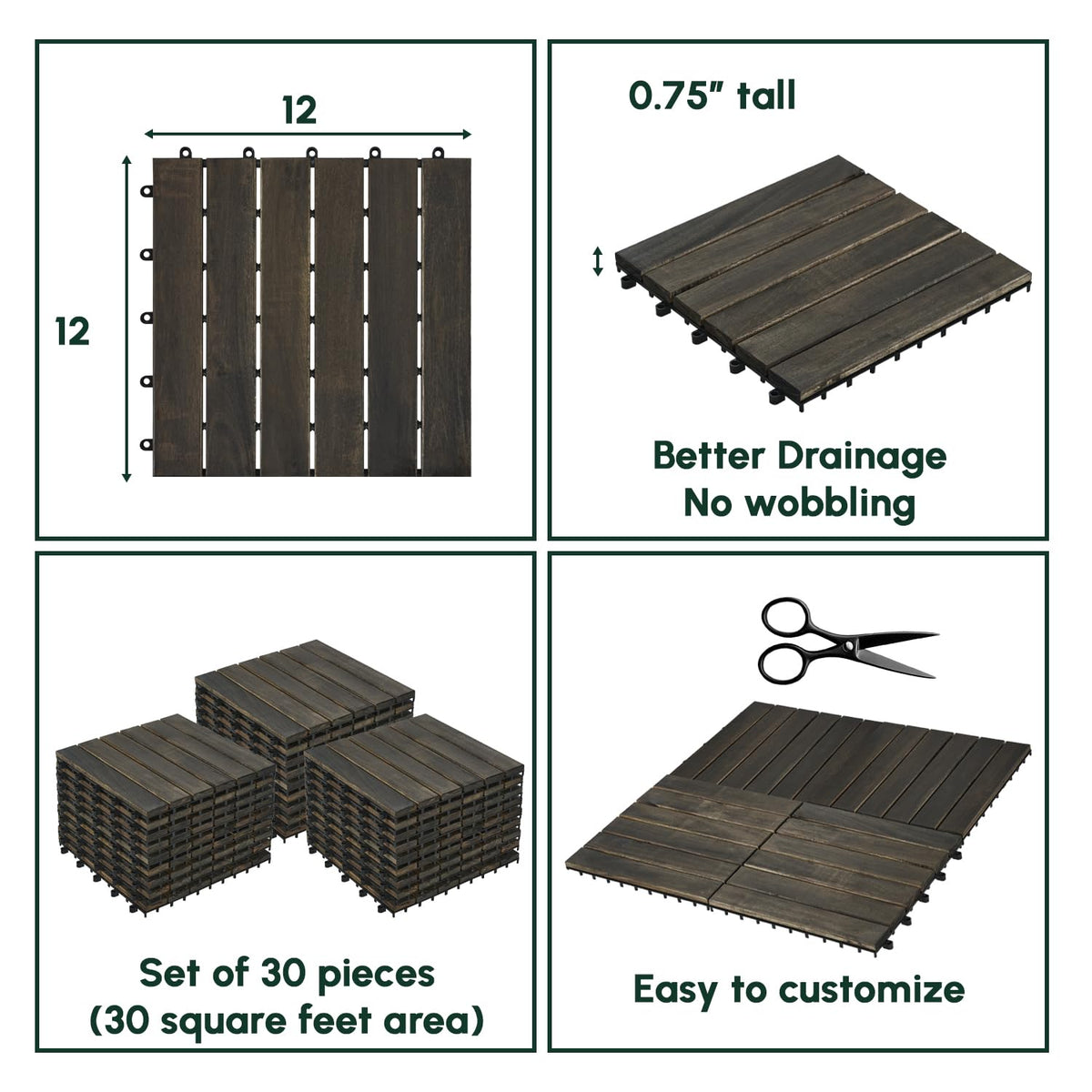 Acacia Interlocking Deck Tiles (12x12 Pack 30) - Waterproof Acacia Wood Decking for All Weather Use - Patio, Balcony