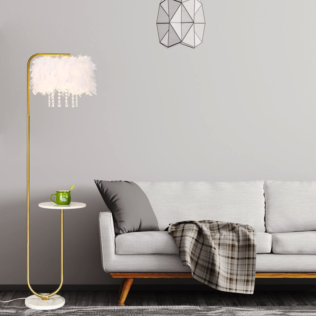 Inspired Arco Style Unique Led White Feather Floor Lamp with Tray, Ostrich Feather Stand Lamp, Living Room Bedroom Office Shop Window
