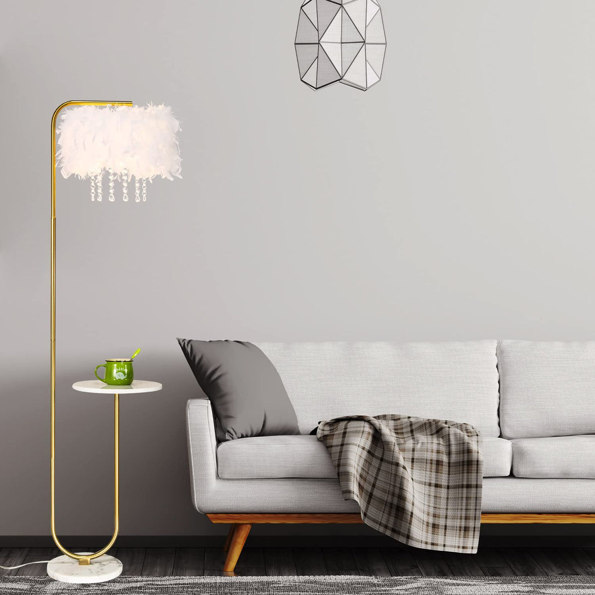 Inspired Arco Style Unique Led White Feather Floor Lamp with Tray, Ostrich Feather Stand Lamp, Living Room Bedroom Office Shop Window