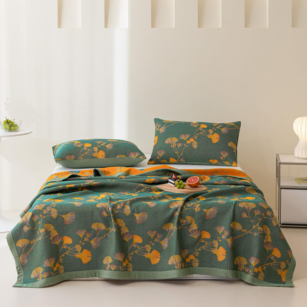 100% Cotton Jacquard Quilt Floral Ginkgo Leaves Print, Soft Muslin Bed Cover 3 Layers Reversible Bedspread Coverlet