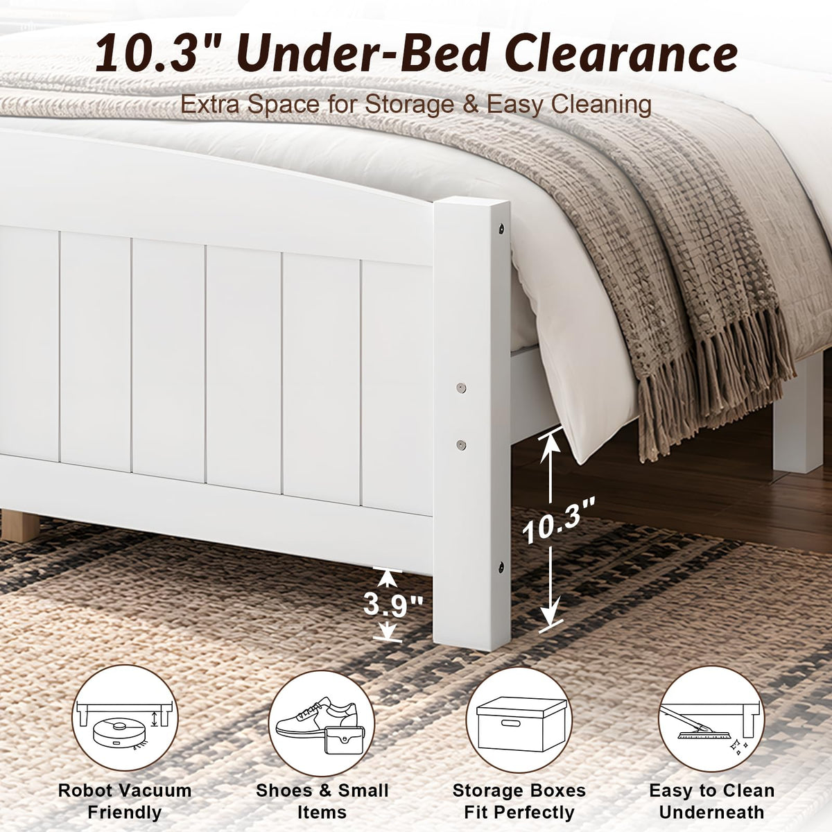 Farmhouse Bed Frame with Headboard & Footboard, White Wood Bed