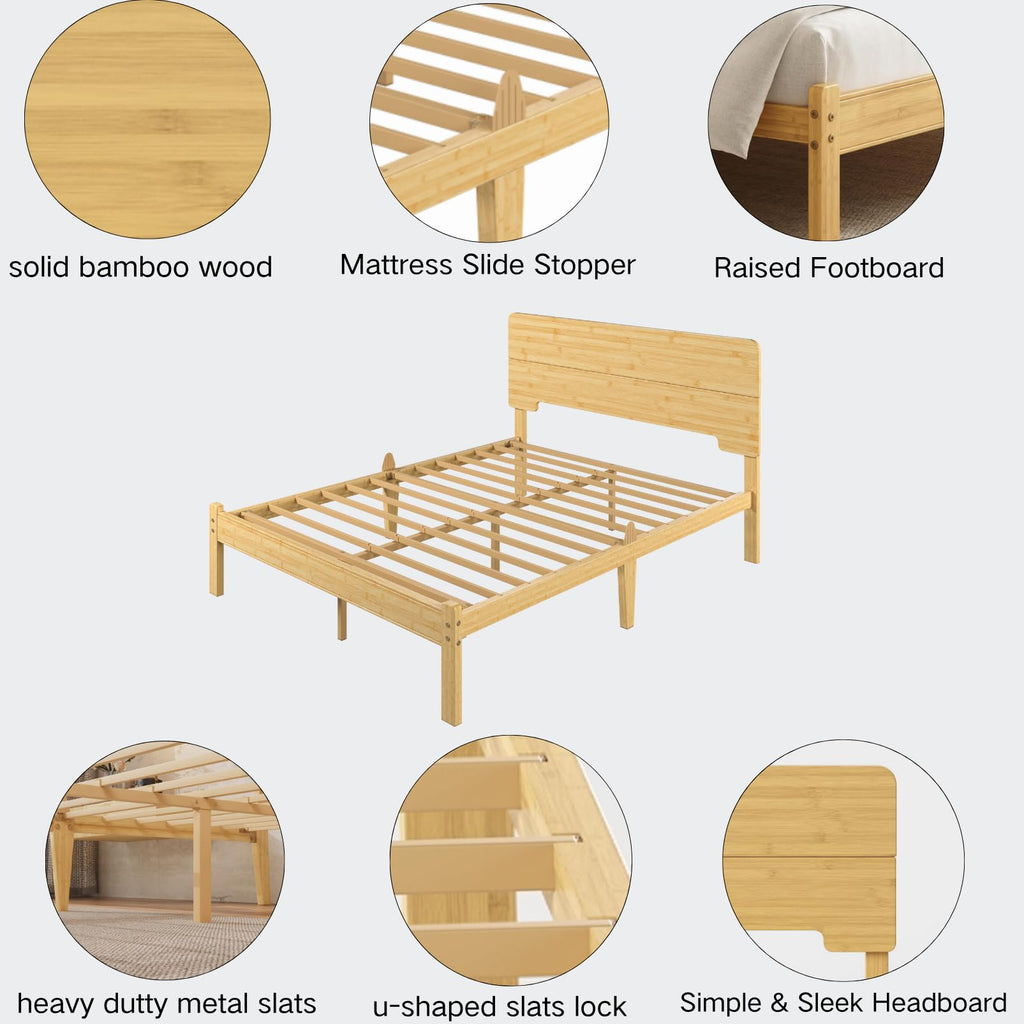 18" Solid Bamboo Wood Queen Bed Frame with Headboard, Natural