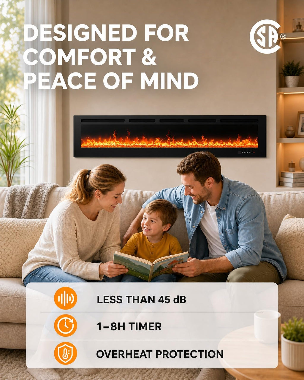 60-Inch Smart Electric Fireplace, Ultra-Slim Wall-Mounted or Recessed Fireplace Heater with 1400W Heat, WiFi App &