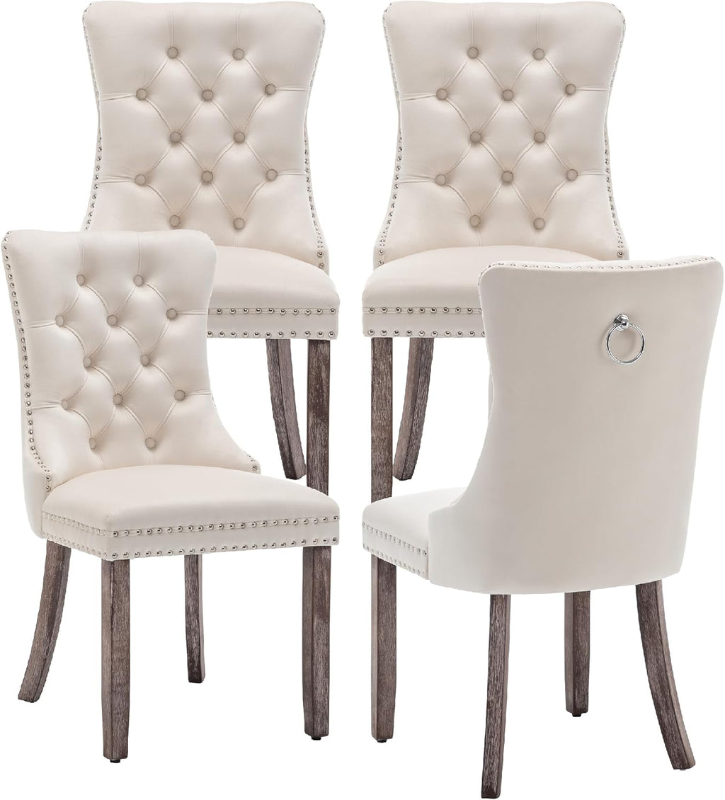 Velvet Dining Chairs Set of 4, Upholstered Dining Room Chairs with Ring Pull Trim and Button Back