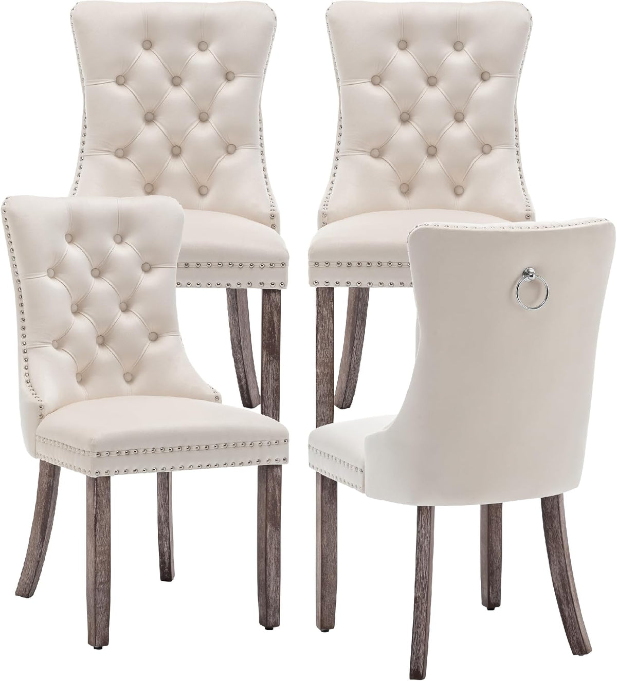 Velvet Dining Chairs Set of 4, Upholstered Dining Room Chairs with Ring Pull Trim and Button Back