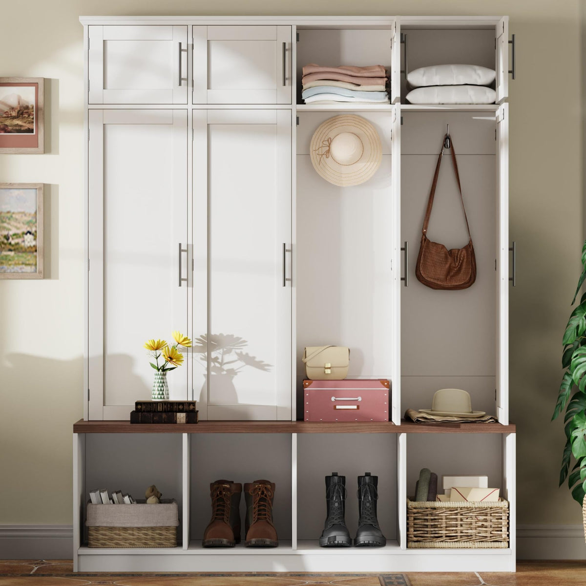 Farmhouse Hall Tree with Bench, 8 Doors & Hidden Hooks, White