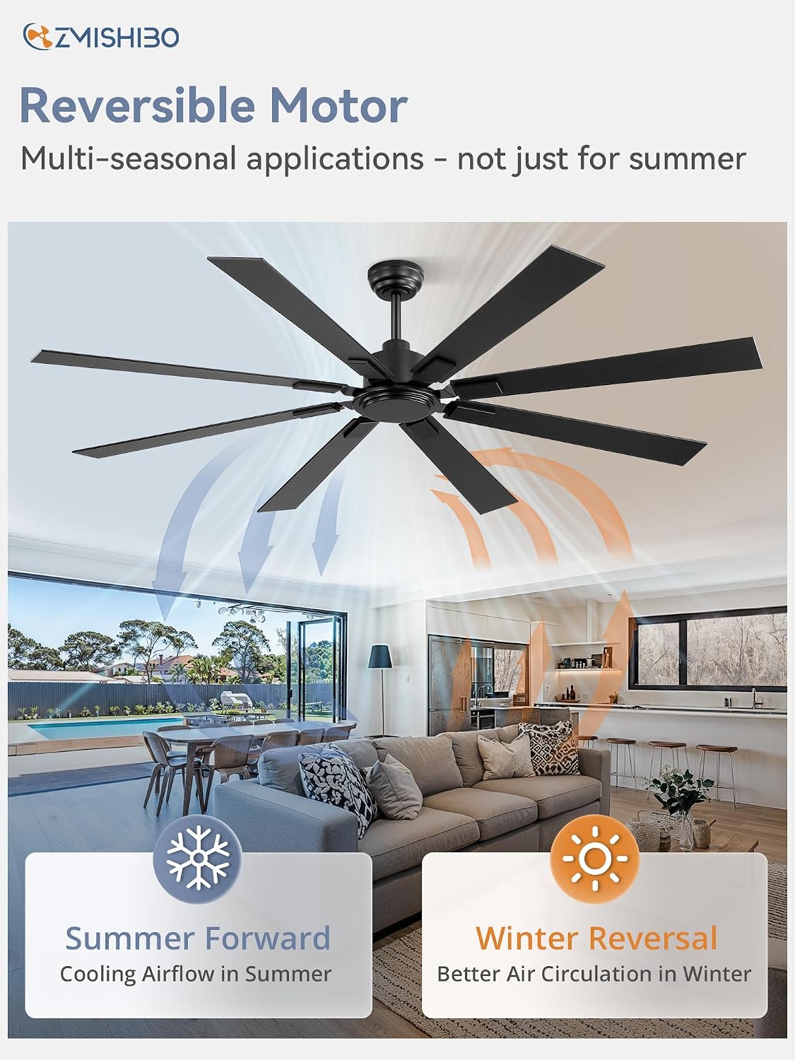 72 Inch Ceiling Fan No Light with Remote Control, 8 Blades