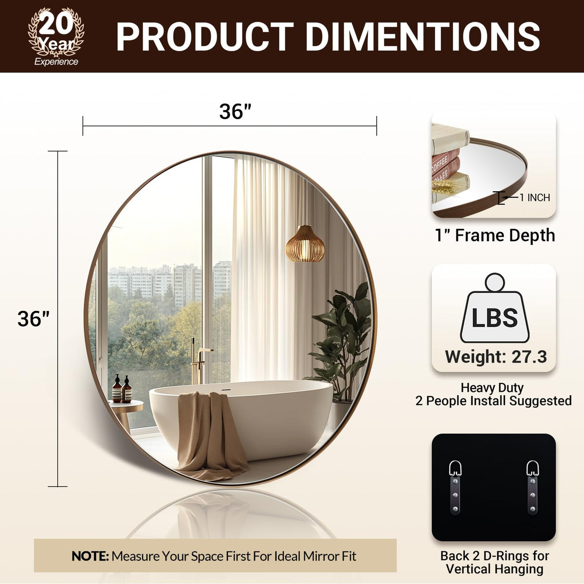 Bronze Round Mirror 36 inch, Oil Rubbed Bronze Round Mirror in Metal Frame, Anti-Rust Large Bronze Vanity Mirror, HD