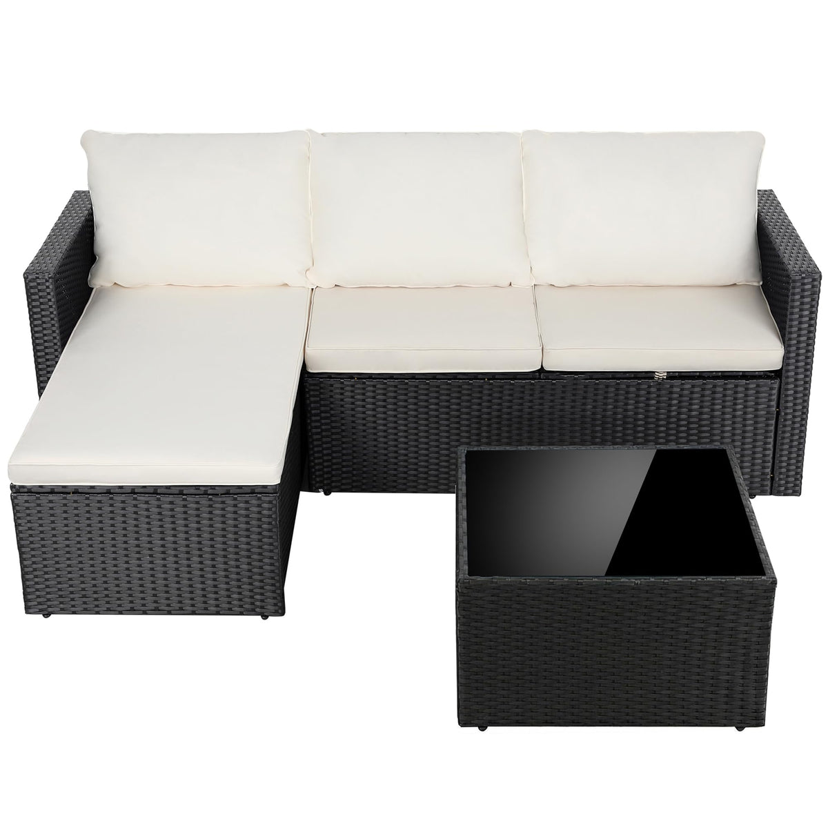 Outdoor Sectional Patio Furniture Set 4-Piece, All-Weather PE Rattan Sofa Couch with Cushions & Storage Coffee Table