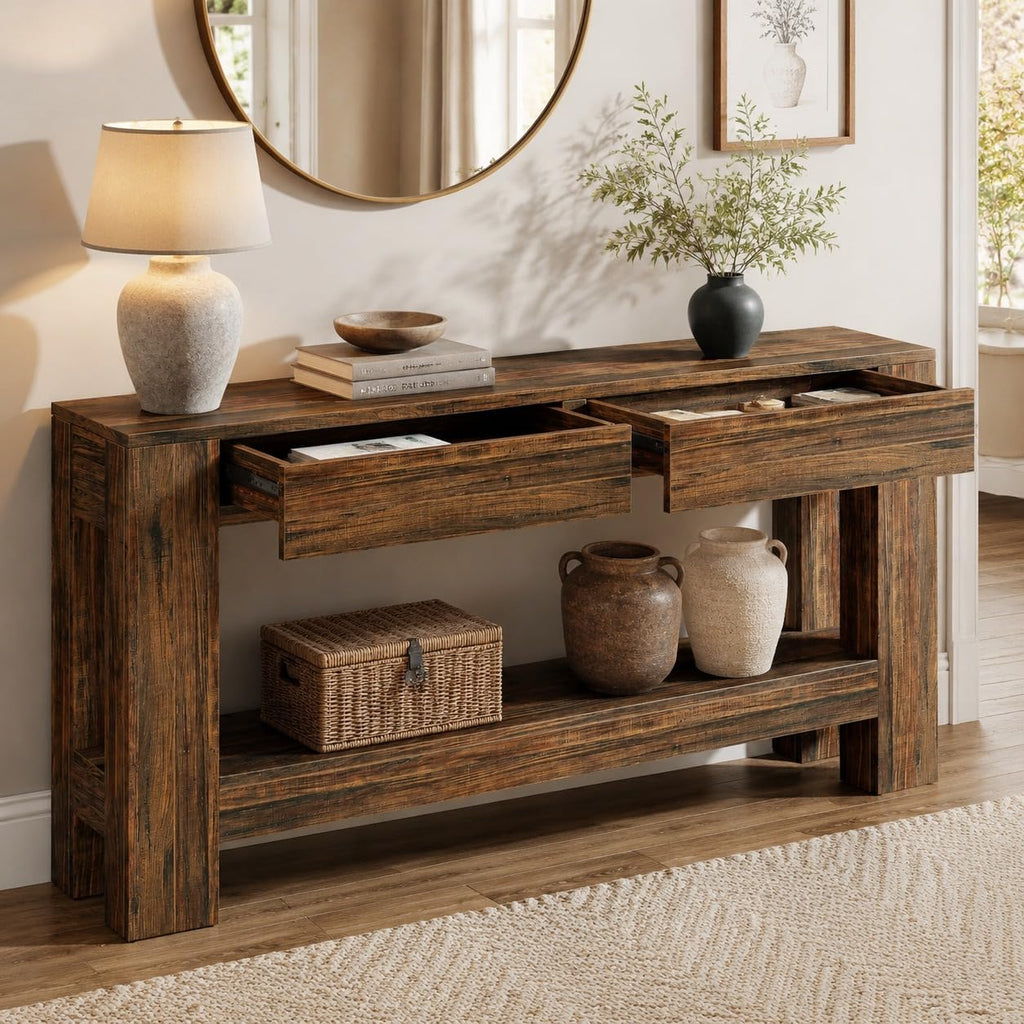 63 Inch Farmhouse Console Table with 2 Drawers and Open Shelf