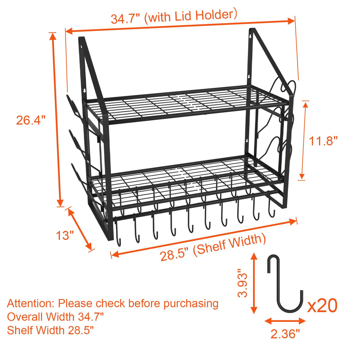 28 Inch Pot Rack Wall Mounted, 2 Tier Pots and Pans Organizer with 20 Hooks and 6 Pot Lid Holders, Heavy Duty Steel