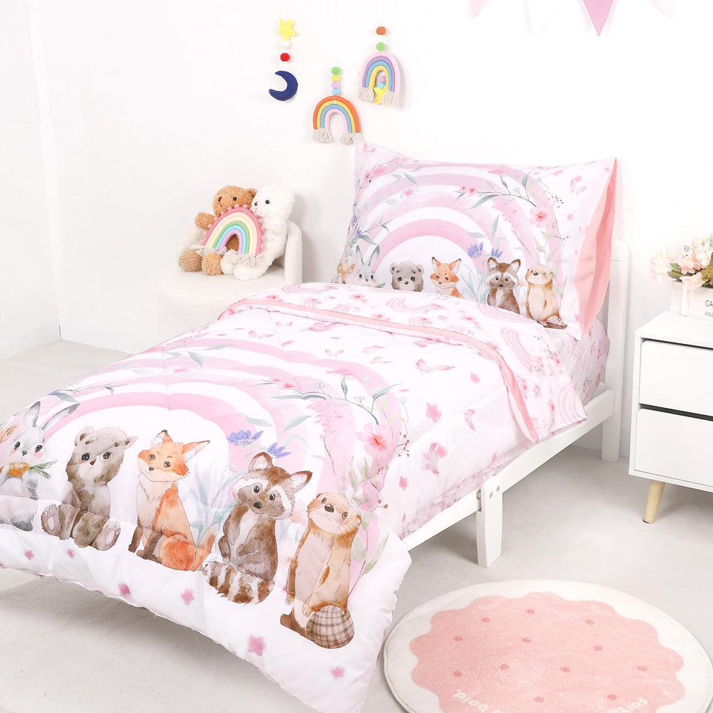 Toddler Bedding Set for Girls - 4 Piece Rainbow Toddler Comforter Set Includes Fitted Sheet, Comforter, Pillowcase &