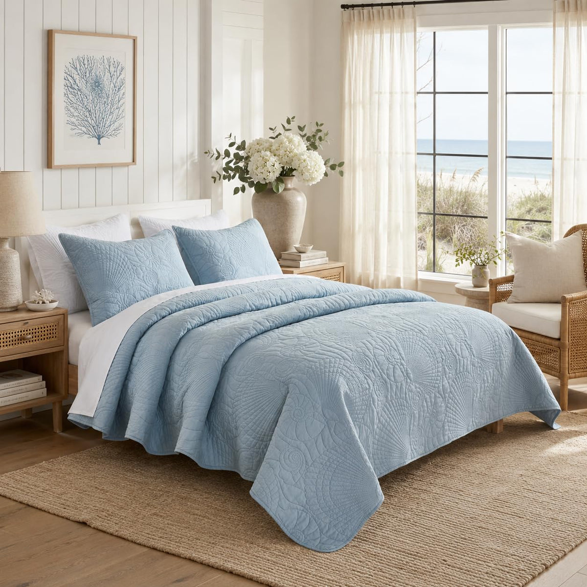 Coastal Quilt Set Cotton Dusty Blue Matelasse Coverlet Set with Seashell Stitching Heirloom Coastal Quilt