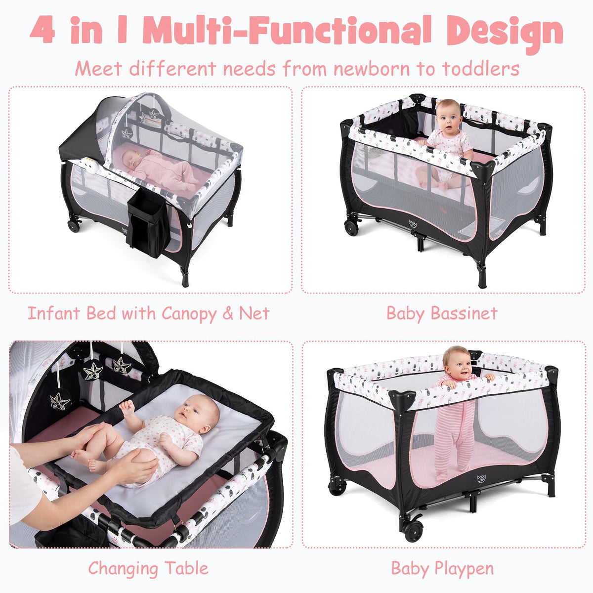 4 in 1 Play Yard, Portable Baby Playard with Bassinet, Adjustable Canopy, Changing Table, Lockable Wheels