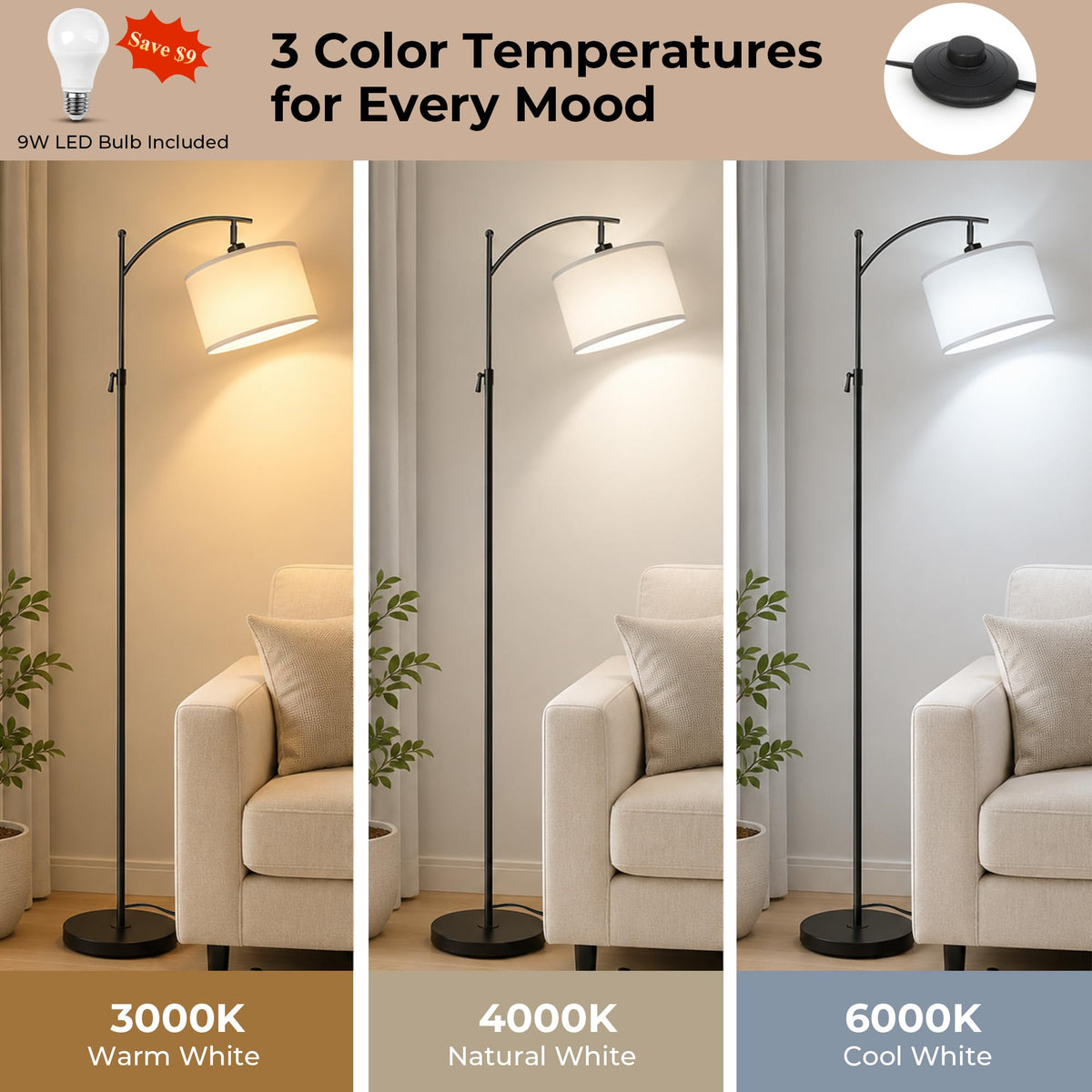 Black Arc Floor Lamp 55-63" Adjustable, 3 Color 9W LED Bulb Included