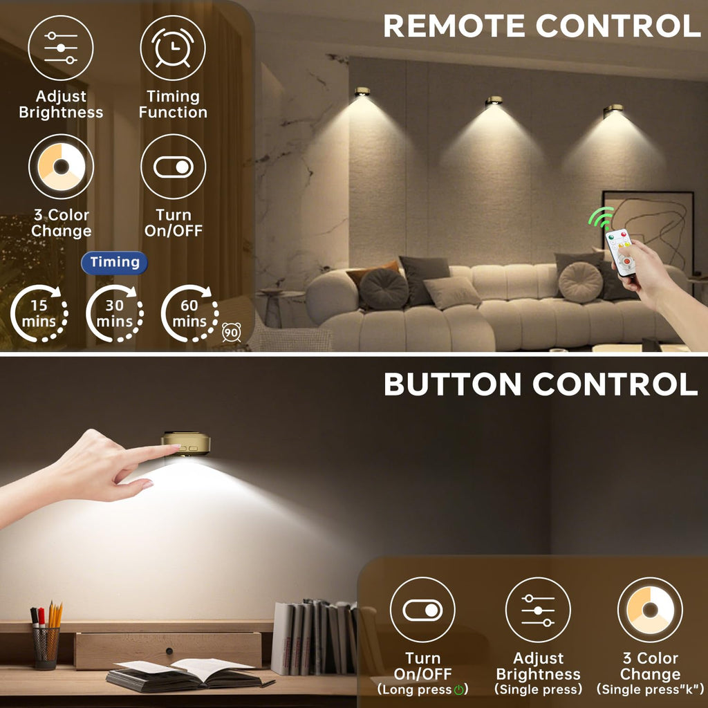Picture Lights for Wall 3 Pcs, Rechargeable Battery Operated Magnetic Wall Lights with 3 Color Temps, Remote Dimmable
