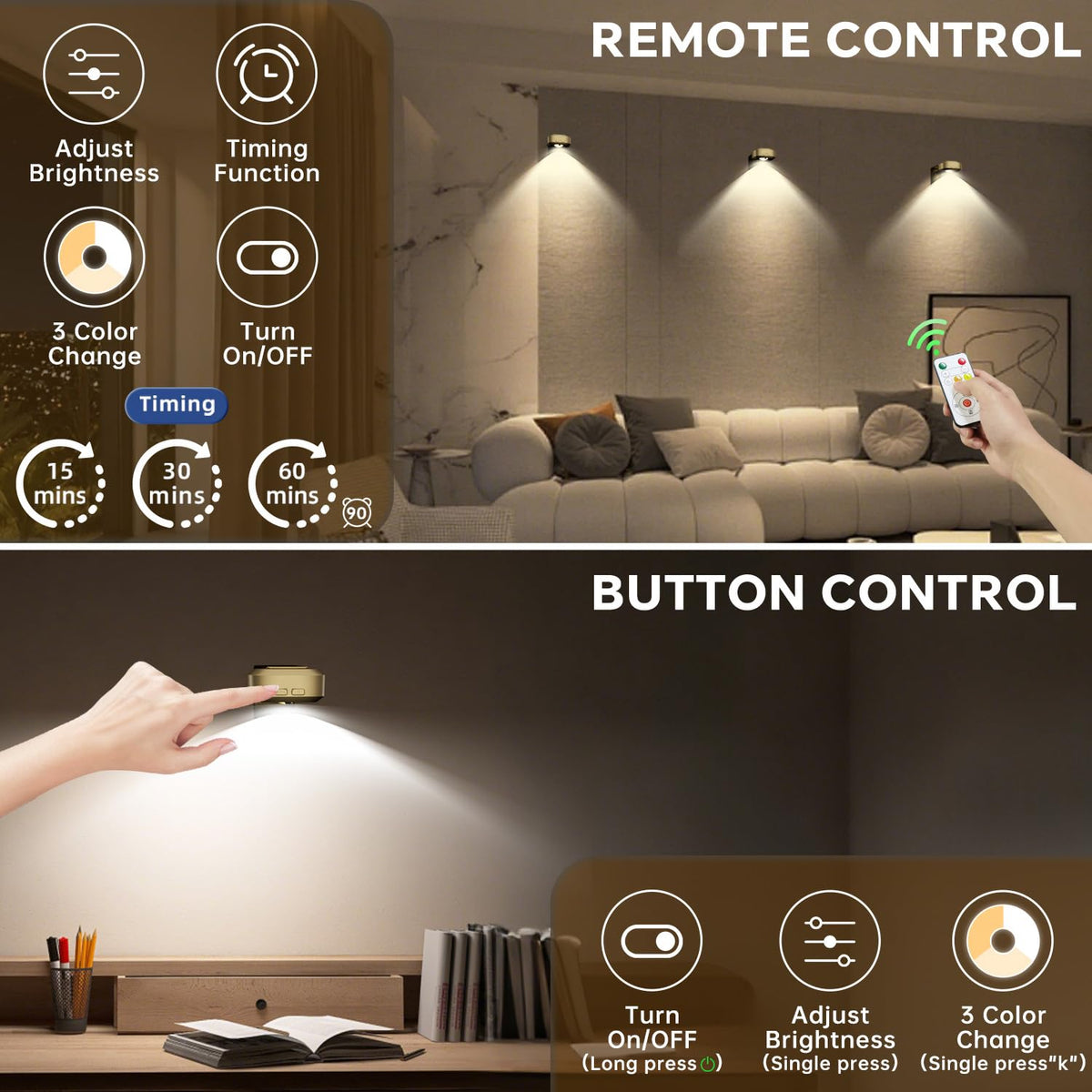 Picture Lights for Wall 3 Pcs, Rechargeable Battery Operated Magnetic Wall Lights with 3 Color Temps, Remote Dimmable