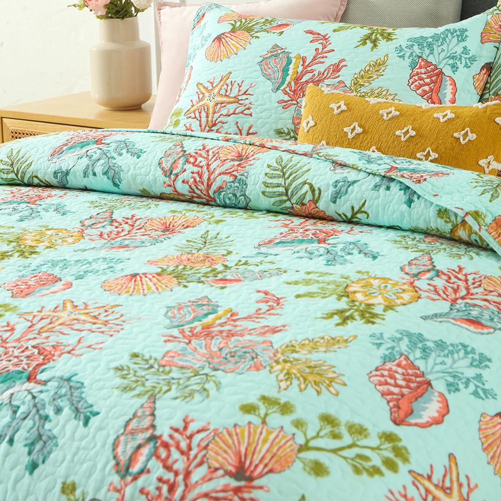 Cotton Coastal Bedspread Quilt Sets Reversible Bedding Coverlet Sets Comforters, Fairytale Starfish Seashell