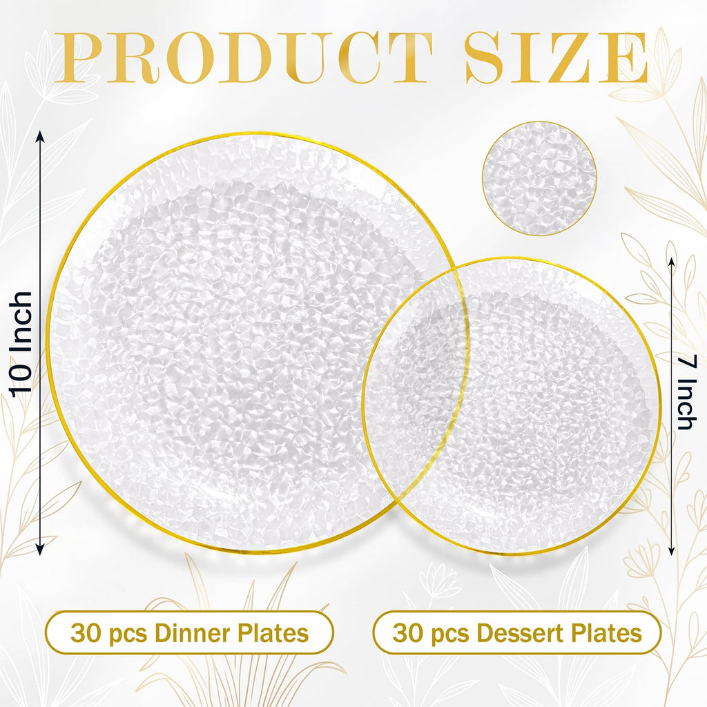 60Pcs Clear Plastic Plates, Clear Disposable Plates With Gold Rim, Heavy-duty Gold Plates, Hammered Party Plates Include