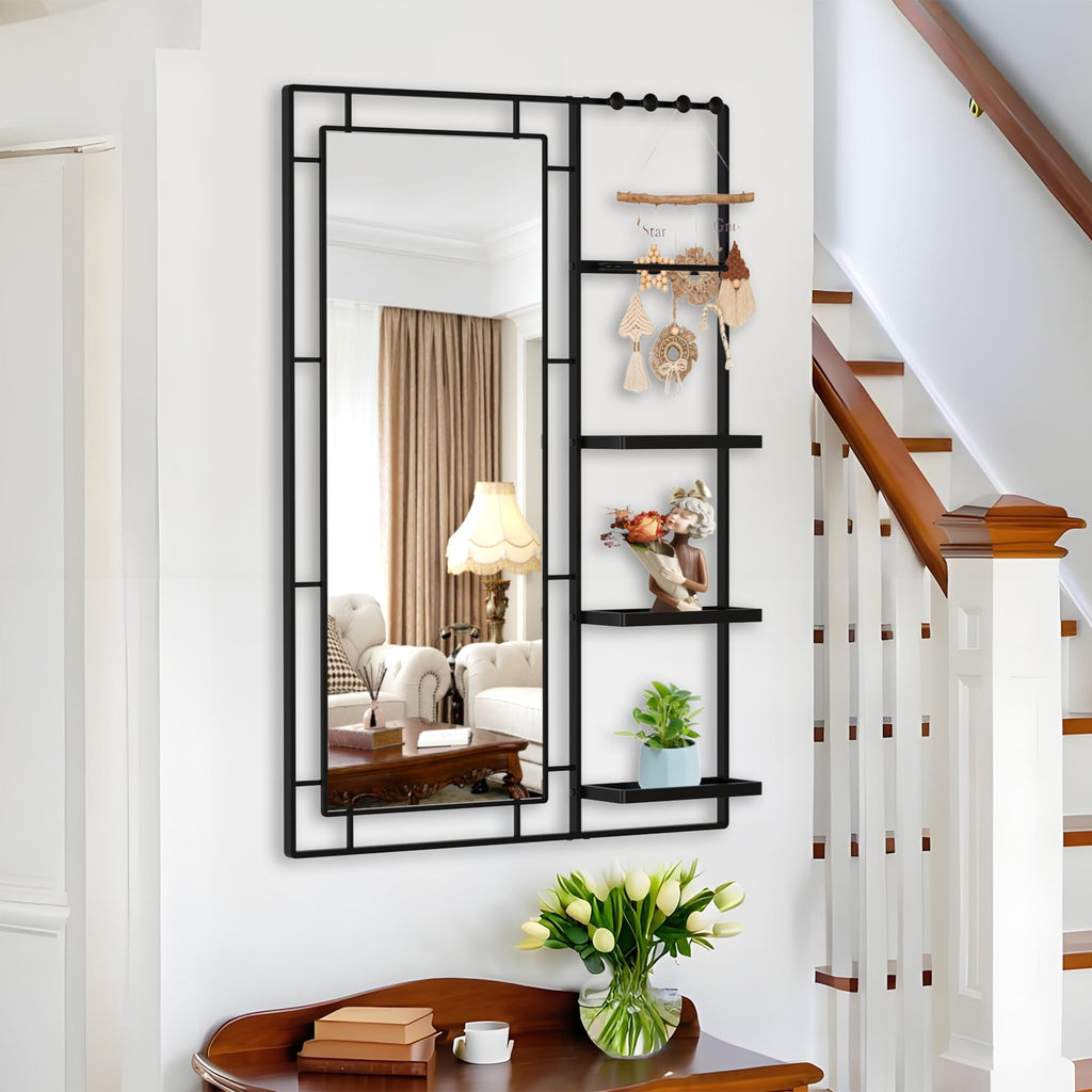 43" X 30" Black Wall Mounted Mirror for Wall, Full Length Mirror with Shelf and Hooks, Large Wall Mirror with Metal