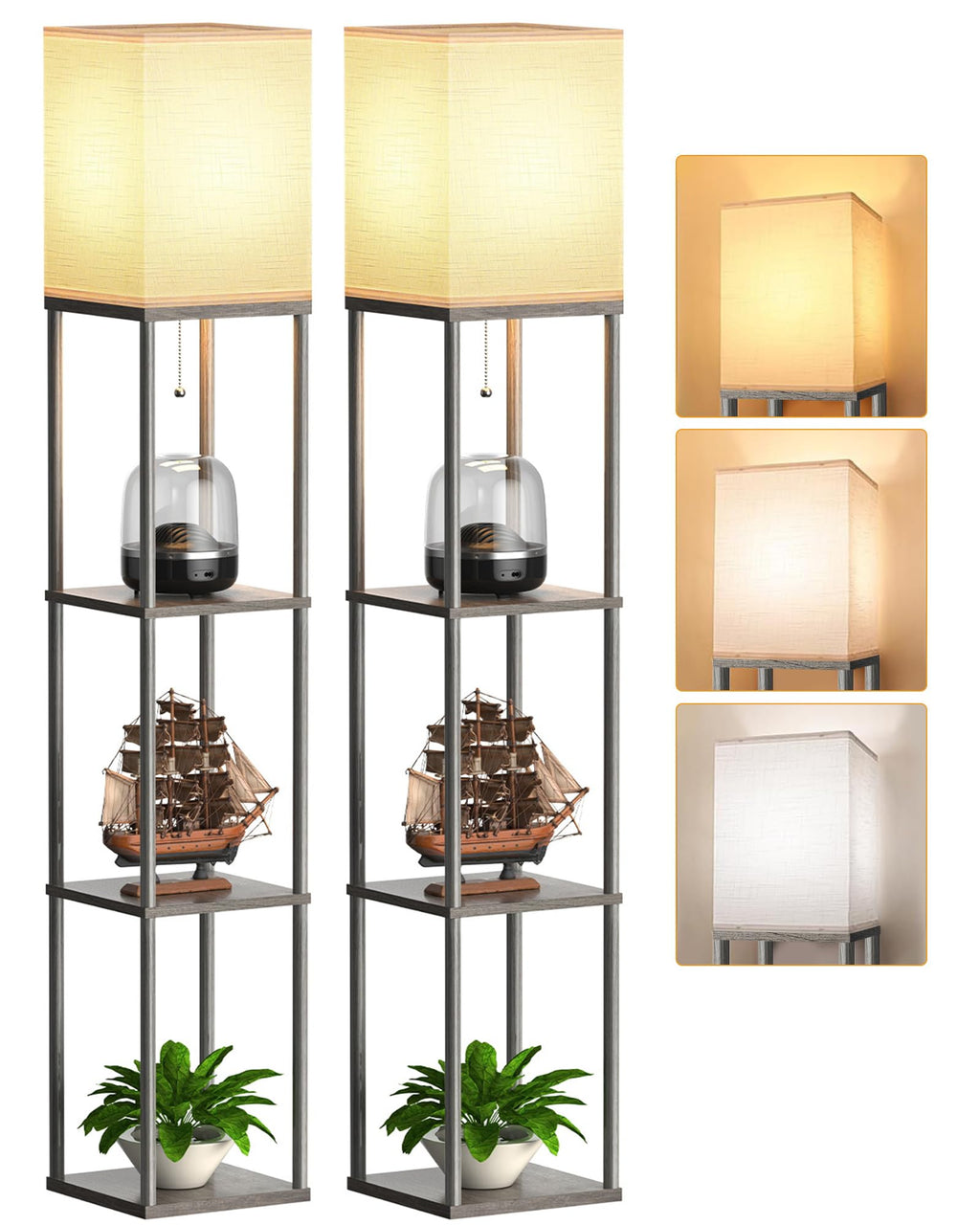 Floor Lamp with Shelves 2 Pack Oak Gray, Shelf Floor Lamp with 3 CCT LED Bulb, Corner Display Standing Column Lamp