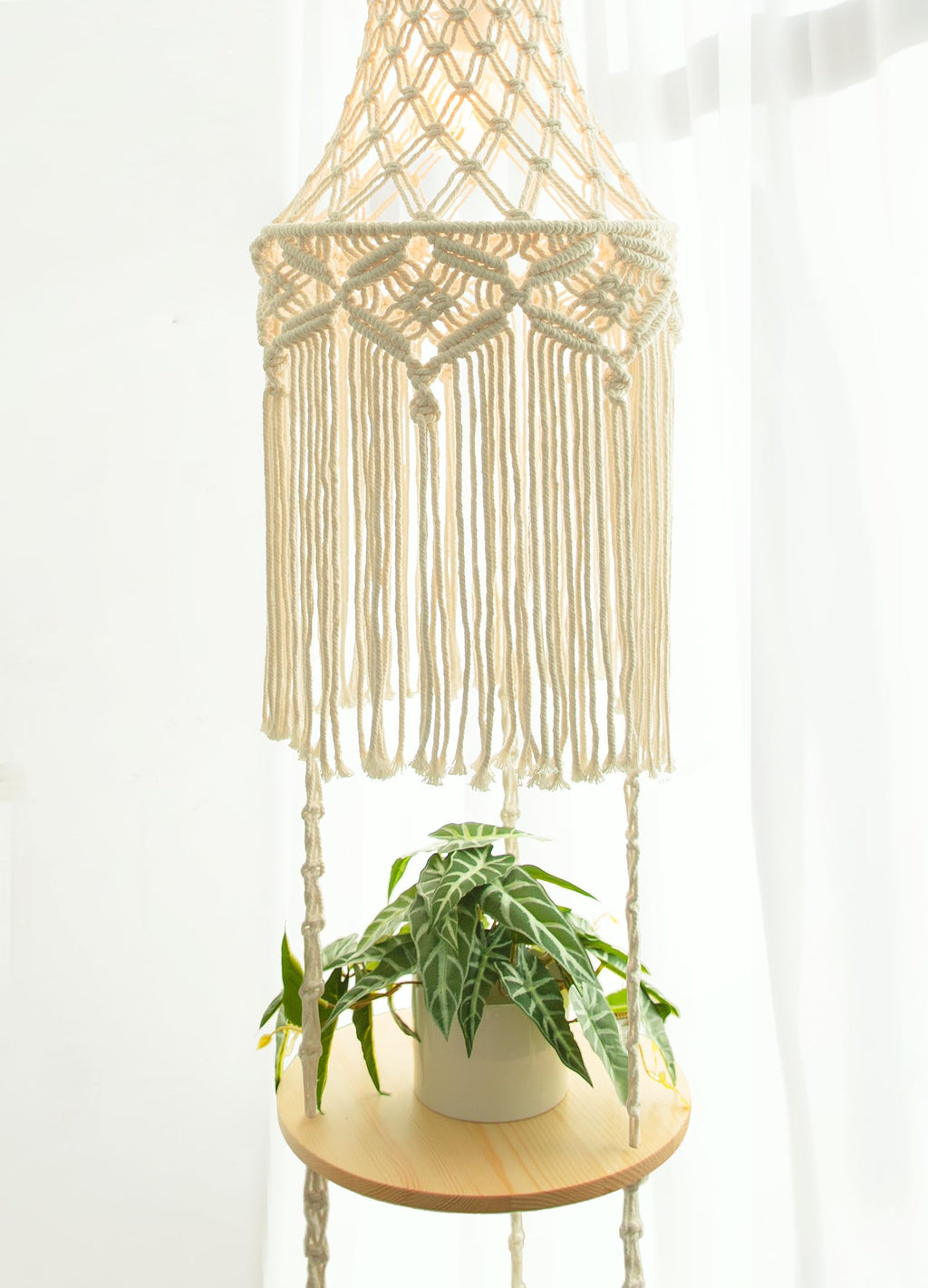 3-Tier Macrame Hanging Lamp Shelf, Boho Corner Pendant Light with Plug Cord