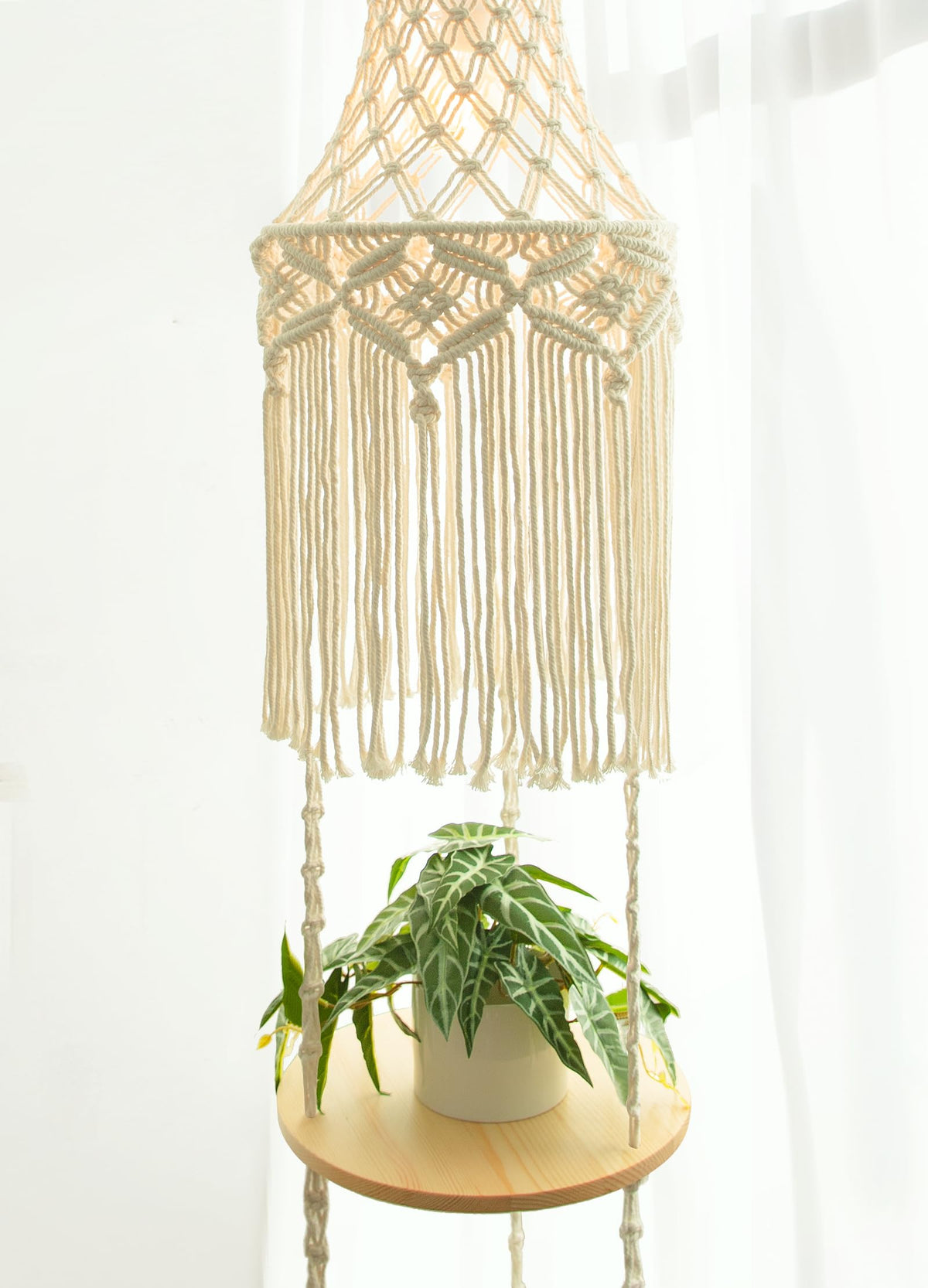 3-Tier Macrame Hanging Lamp Shelf, Boho Corner Pendant Light with Plug Cord
