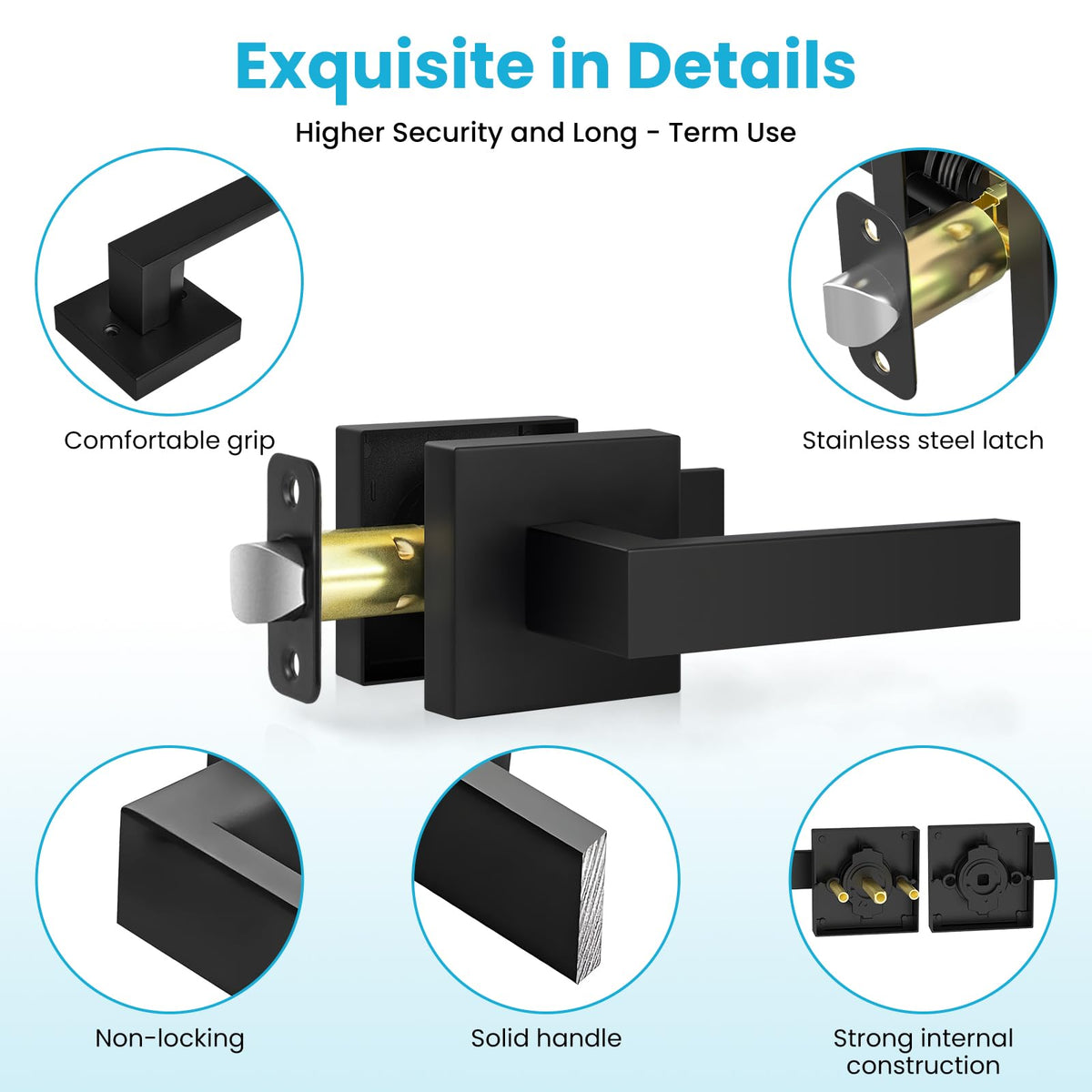 6 Pack Door Handles Matte Black - Passage Door Knobs Interior Square Door Levers, Heavy Duty Non-Locking Leversets